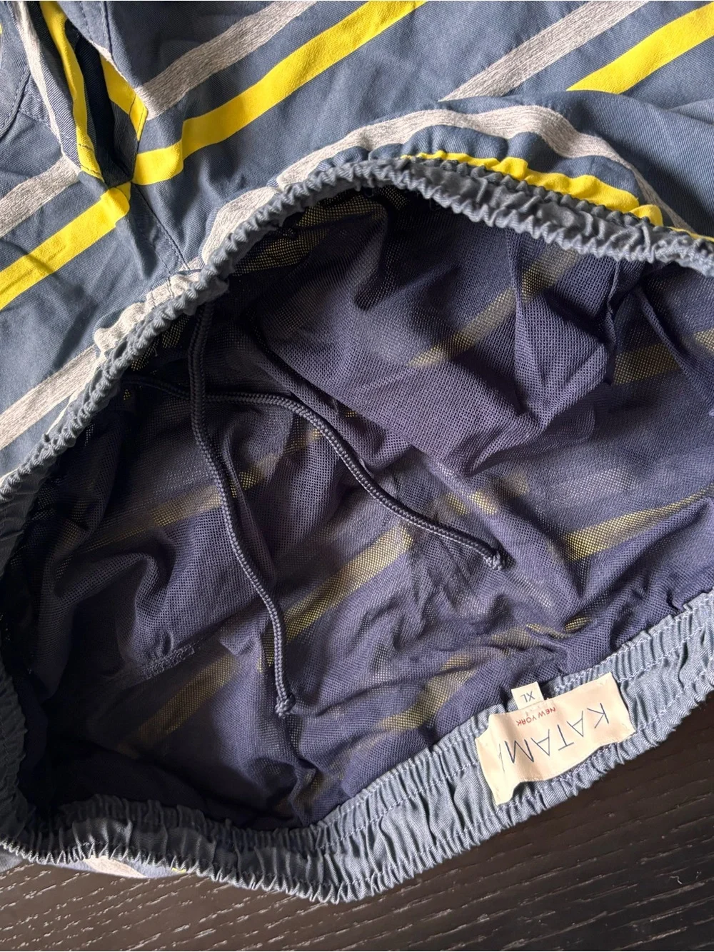 Katama - “The Braden” Men's Navy, grey, and yellow striped swim trunks